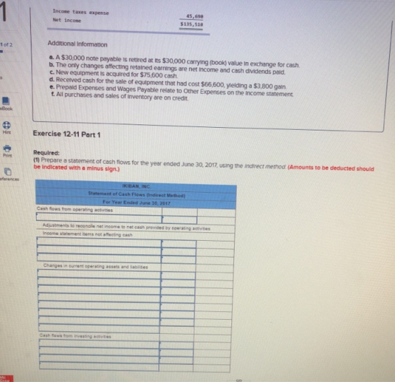 1 Incose taxes expense 45,690 Net income $135,518 Additional Information 1 of 2 a. A $30,000 note payable is retlired at its