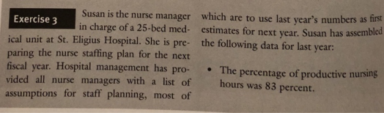 Susan is the nurse manager which are to use last years numbers as first in charge of a 25-bed med- estimates for next year. Susan has assemble Exercise 3 ical unit at St. Eligius Hospital. She is pre the following data for last year: paring the nurse staffing plan for the next fiscal year. Hospital management has pro- The percentage of productive nursing vided all nurse managers assumptions for staff planning, most of with a list of hours was 83 percent.