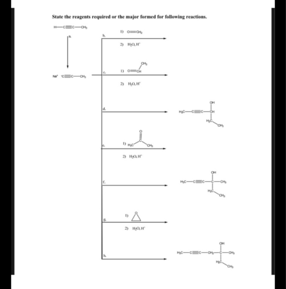 State the reagents required or the major formed for following reactions. H =-06 1) O= 2) HOH . Na* C=C=O 2) H.O, H HC-CTCó 1)