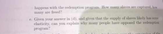 happens with the redemption program. How many slaves are captured, how many are freed? e. Given your answer in (d), and given