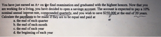 You have just earned an At on e final examination and graduated with the highest honors. Now that you are working for a livin