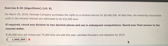 Exercise 8-29 (Algorithmic) (LO. 8) On March 25, 2019, Parscale Company purchases the rights to a mineral interest for $8,480