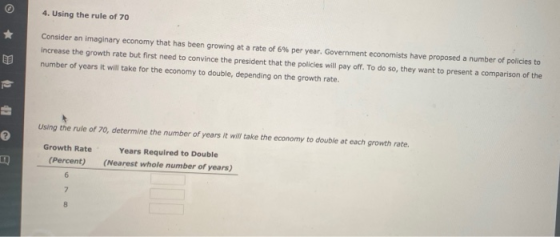 4. Using the rule of 70 Consider an imaginary economy that has been growing at a rate of 6% per year. Government economists h