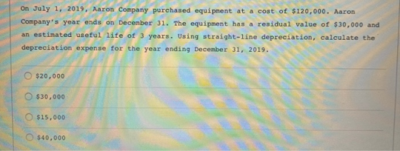 On July 1, 2019, Aaron Company purchased equipment at a cost of $120,000. Aaron Companys year ends on December 31. The equip