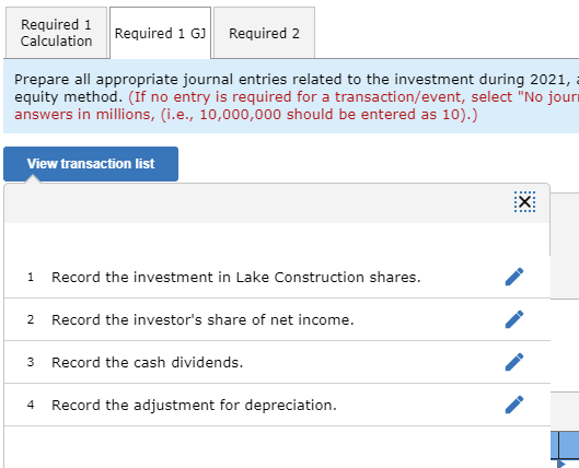 Required 1 Calculation Required 1 GJ Required 2 Prepare all appropriate journal entries related to the investment during 2021