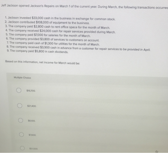 Jeff Jackson opened Jacksons Repairs on March 1 of the current year. During March, the following transactions occurrec 1. Ja