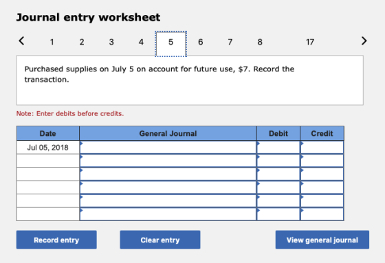 Journal entry worksheet < 1 2 3 4 5 6 7 8 17 > Purchased supplies on July 5 on account for future use, $7. Record the transac