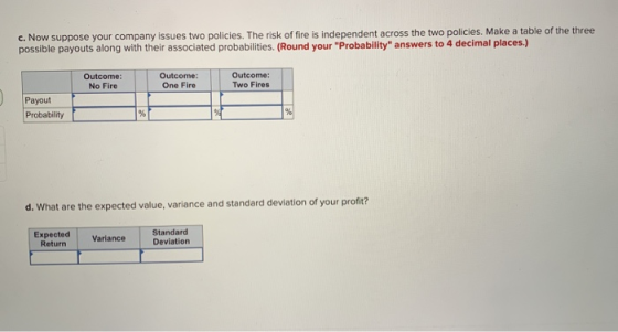 c. Now suppose your company issues two policies. The risk of fire is independent across the two policies. Make a table of the