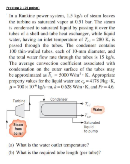 Problem 3. (25 points) In a Rankine power system, 1.5 kg/s of steam leaves the turbine as saturated vapor at 0.51 bar. The st
