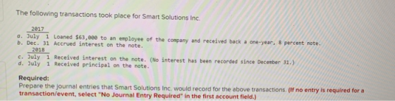 The following transactions took place for Smart Solutions Inc. 2017 a. July 1 Loaned $63,000 to an employee of the company an
