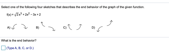 Select one of the following four sketches that describes the end behavior of the graph of the given function. f(x)= v2 x3 + 2