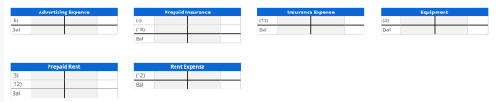 Advertising Expense Prepaid Insurance Insurance Expense Equipment SISTENT (4) (13) Bal (2) Bal Bal (13) Bal Prepaid Rent Rent