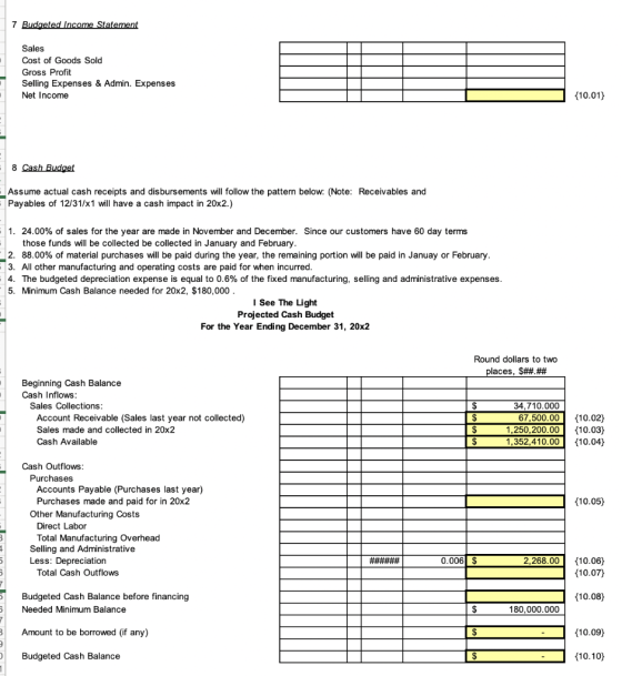 7 Budaeted Income Statement Sales Cost of Goods Sold Gross Profit Selling Expenses & Admin. Expenses Net Income (10.01) 8 Cas