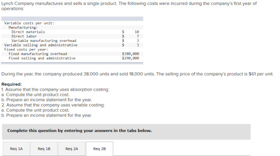 Lynch Company manufactures and sells a single product. The following costs were incurred during the companys first year of o