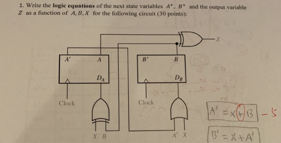 1. Write the logic equations of the next state variables A, B+ and the output variable Z as a function of A, B,X for the foll
