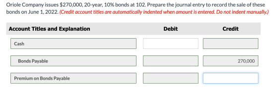 Oriole Company issues $270,000, 20-year, 10% bonds at 102. Prepare the journal entry to record the sale of these bonds on Jun
