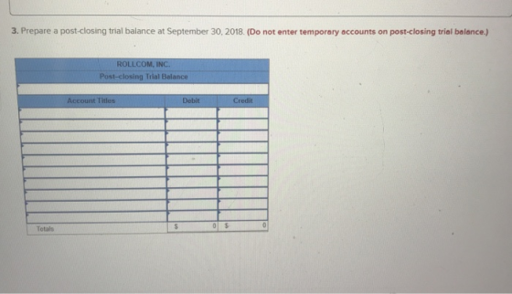 3. Prepare a post-closing trial balance at September 30, 2018. (Do not enter temporary accounts on post-closing trial balance