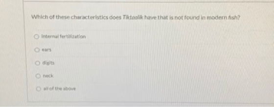 Which of these characteristics does Tiktaalik have that is not found in modern fish? Internal fertilization ears digits neck