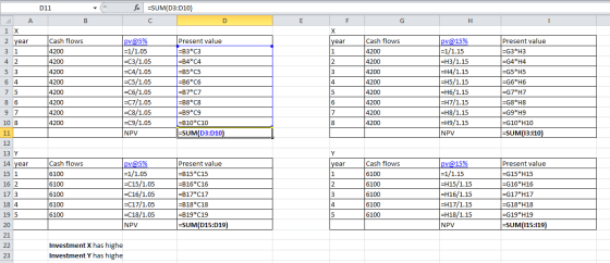 011 e fx =SUM(D3:010) в F H vear А 1 X 2 year 31 42 5 3 64 7 5 86 97 10 8 11 12 13 Y 14 year 15 1 16 2 17 3 Cash flows 4200 4