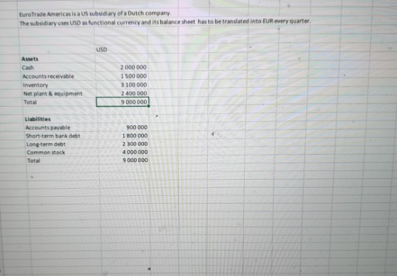 Euro Trade Americas is a US subsidiary of a Dutch company. The subsidiary uses USD as functional currency and its balance she