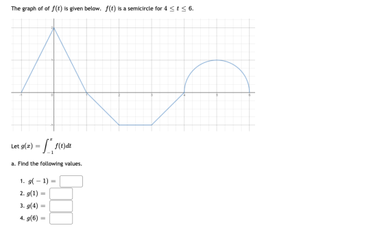 The graph of of f(t) is given below. f(t) is a semicircle for 4 < t < 6. Let g(x) = | steydet a. Find the following values. 1