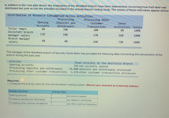 In addition to the cost data above, the employees of the Westfield branch have been interviewed concerning how their time was
