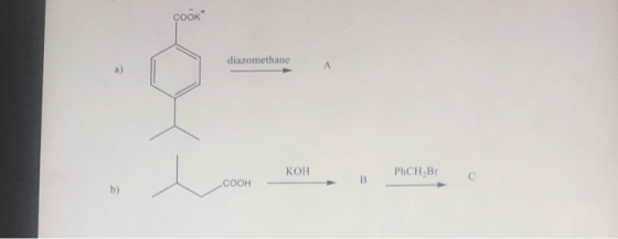 Cook diazomethane А KOH PhCH, Br B COOH b)