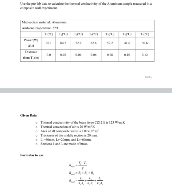 Use the pre-lab data to calculate the thermal conductivity of the Aluminum sample measured in a composite wall experiment. Mi