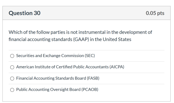 Question 30 0.05 pts Which of the follow parties is not instrumental in the development of financial accounting standards (GA