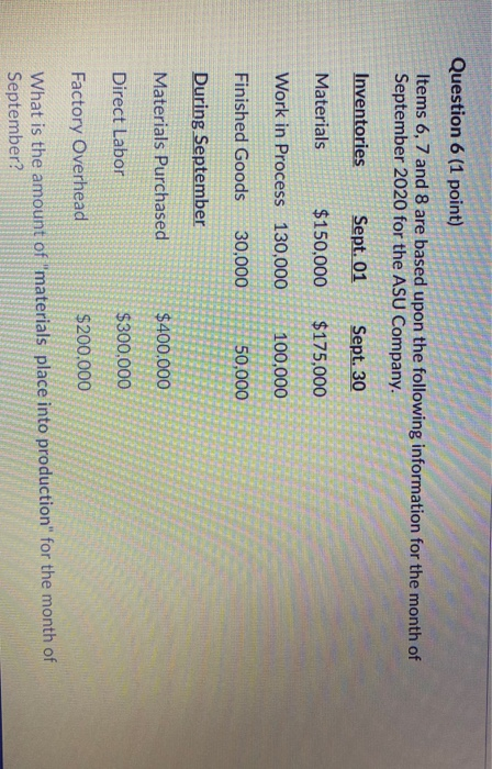 Question 6 (1 point) Items 6, 7 and 8 are based upon the following information for the month of September 2020 for the ASU Co