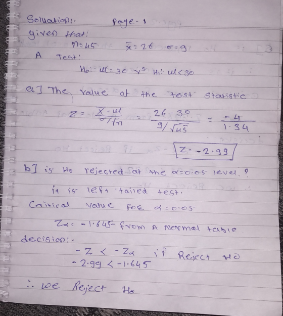 & Solucation paye- given that nales : 26 5:9 A Test: - Ho ill= 30 js HuL30 E a a ] The value of the test statistic TE gru 1.3
