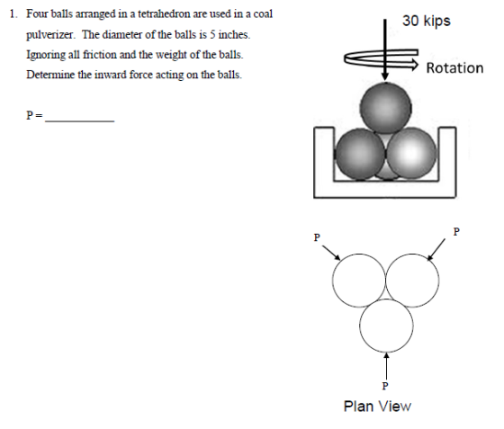 30 kips 1. Four balls arranged in a tetrahedron are used in a coal pulverizer. The diameter of the balls is 5 inches. Ignorin