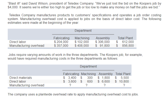 Blast it! said David Wilson, president of Teledex Company. Weve just lost the bid on the Koopers job by $4,000. It seems