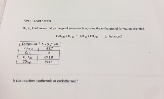 Part II-Short Answer 16.) a.) Find the enthalpy change of given reaction, using the enthalpies of formation provided. [unbala