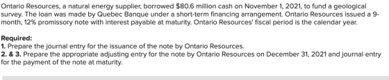 Ontario Resources, a natural energy supplier, borrowed $80.6 million cash on November 1, 2021, to fund a geological survey. T