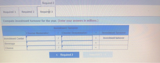 Required 3 Required 3 Required 1 Required 2 Compute investment turnover for the year. (Enter your answers in millions.) Inves