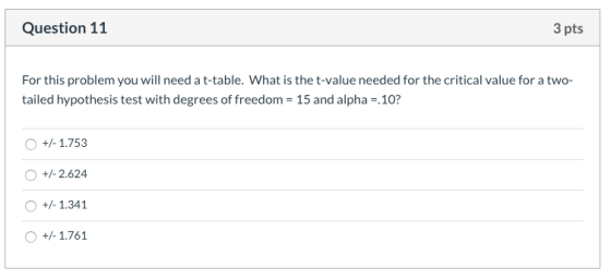 Question 11 3 pts For this problem you will need a t-table. What is the t-value needed for the critical value for a two- tail