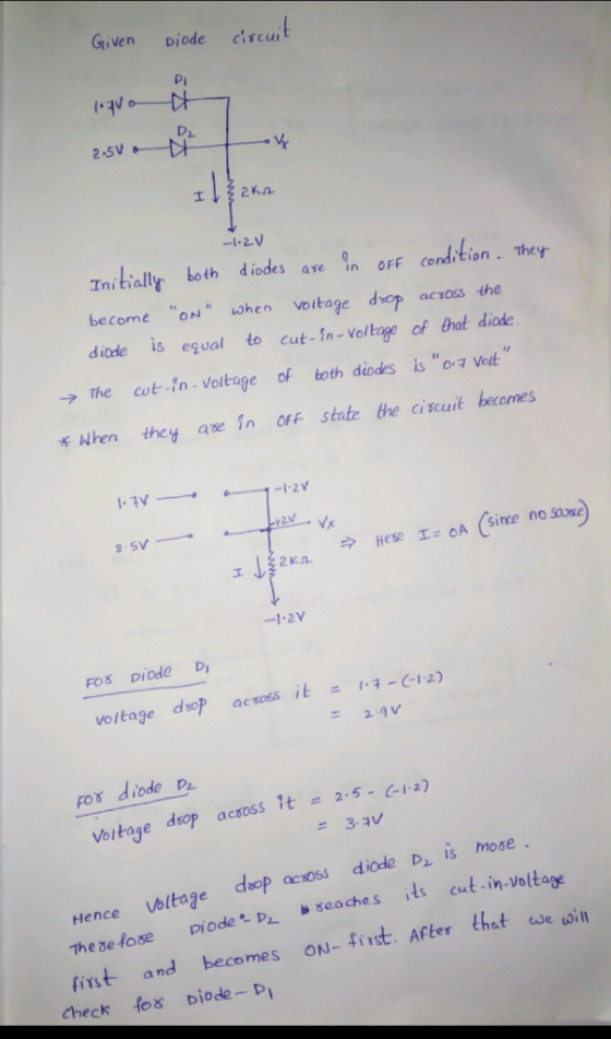 Griven Diode ciscu Di D2 ty Vi Initial lly both diodes are in OFF condition . They become ONuhen voitage dsop aesoss the dide