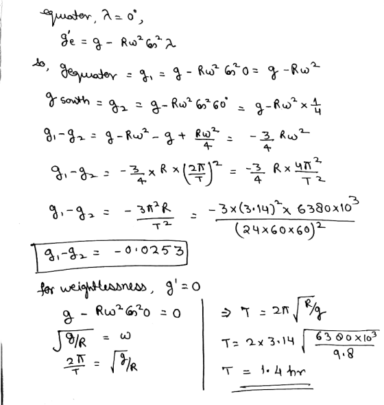 equater, a=0; de = g- Rw²652 So, gequater = 9, = g - Rw265 0=g-Rw? g south = 92 = g_ Rw²6560 = g-RW² x 14 91-923 g - Rw*- g +