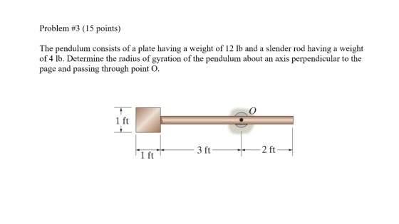Problem #3 (15 points) The pendulum consists of a plate having a weight of 12 lb and a slender rod having a weight of 4 lb. Determine the radius of gyration of the pendulum about an axis perpendicular to the page and passing through point O 1 ft 3 ft 2 ft 1 ft