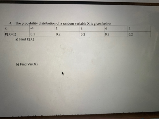 х 1 4 5 4. The probability distribution of a random variable X is given below -4 3 P(X=x) 0.1 0.2 0.3 0.2 a) Find E(X) 0.2 b)