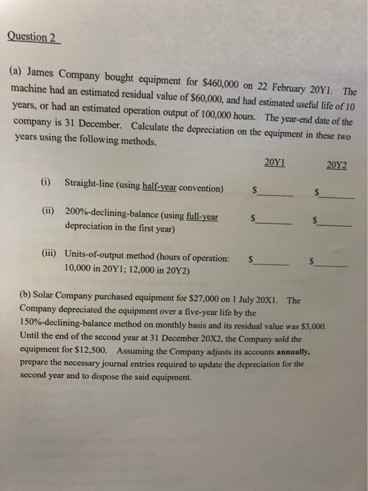 Question 2 (a) James Company bought equipment for $460,000 on 22 February 20Y1. The machine had an estimated residual value o