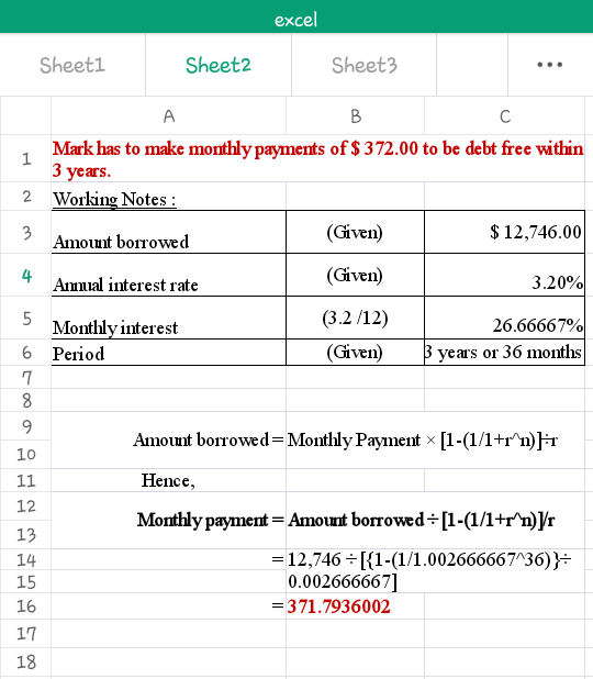 excel Sheeti Sheet2 Sheet3 Mark has to make monthly payments of $ 372.00 to be debt free within 3 years 1 2 Working Notes: $12,746.00 3.2090 26.66667% (Given)B years or 36 months (Given) Amount borrowed Amual interest rate Monthlvinterest 4 ien (3.2 /12) 6 Period A mount borrowed Monthly Payment x [1-11+ґі)F Hence 12 13 14 Monthly payment-Amount borrowed-[1-(1/1+rn)Vr -12,746[1-(1/1.00266666736))- 0.002666667] 371.7936002 16 17 18