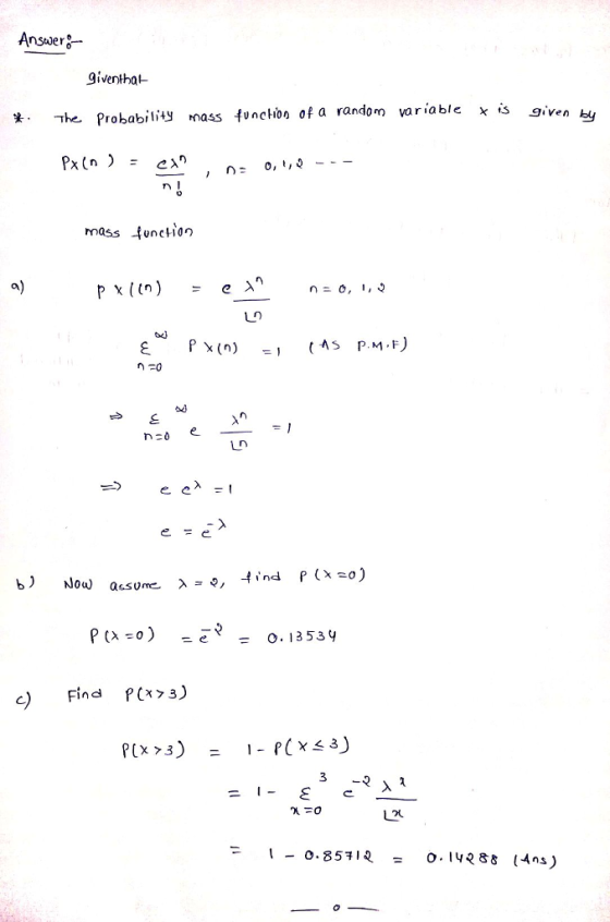 Ansuer- giventhat x S gven by The Probabily mass func-ioo of a random variable mass fUnction 4 c) Find p(X73) Du