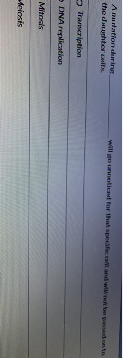 A mutation during the daughter cells. will go unnoticed for that specific cell and will not be passed on to Transcription DNA