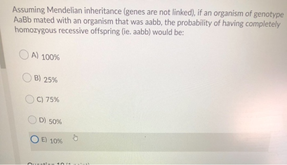 Assuming Mendelian inheritance (genes are not linked), if an organism of genotype AaBb mated with an organism that was aabb,