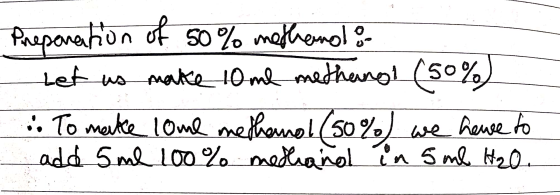 Preparation of 50% methanolo Let us make some methand (50%) To make come methanol (50%) we hewe to add 5 ml 100 % methanol in