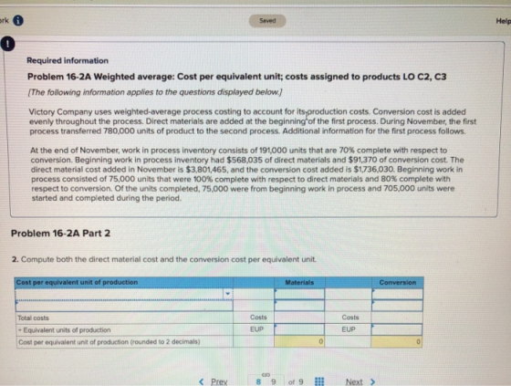 ork Saved Help Required information Problem 16-2A Weighted average: Cost per equivalent unit; costs assigned to products LO C