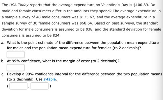 The USA Today reports that the average expenditure on Valentines Day is $100.89. Do male and female consumers differ in the