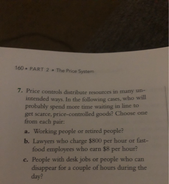 160 - PART 2. The Price System Price controls distribute resources in many un- intended ways. In the following cases, who wil